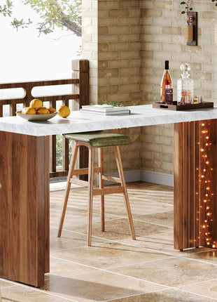 55.12-Inch Contemporary Counter Height Bar Table with Faux Marble Top, Rectangular Design for Kitchen, Dining Room, Living Room, Balcony, and Basement in Walnut and White