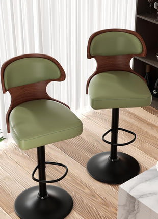 Set of 2 Adjustable Height Bentwood Swivel Bar Stools with Backrest and Footrest - Green PU Leather Upholstered Dining Chairs (24.5-33.5 IN)