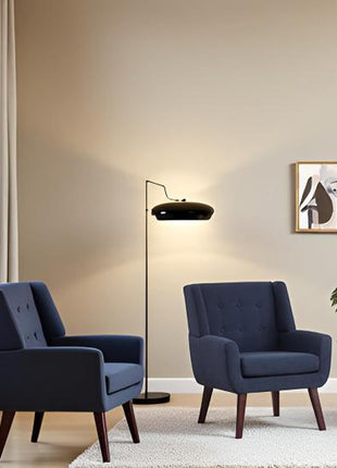Set of 2 Accent Chairs, Upholstered Button-Tufted Linen Mid-Century Modern Armchairs, Comfortable Fabric Armchairs for Living Room, Bedroom, and Waiting Areas in Dark Blue