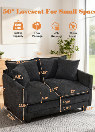 Modern 50" Loveseat Sofa - Cloud Design with 27" Deep Seat and Two Pillows for Small Spaces, Perfect for Apartments, Studios, Offices, Bedrooms, and Living Rooms - Model 8834-BLACK-1