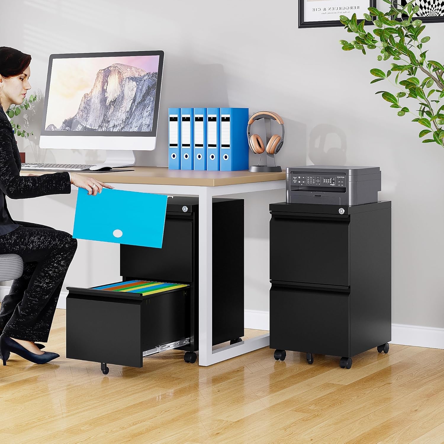 2 Drawer File Cabinet on Wheels,Metal Filing Cabinet with Lock,Black Rolling File Cabinets with Casters,Under Desk Office Cabinets for Home Office,Fit A4/Letter/Legal,Easy Assembly