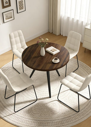 34.6" Round Dining Table Set for Four with Contemporary Faux Leather Chairs, Space-Efficient MDF Design in Walnut and Beige U-Shaped Seating