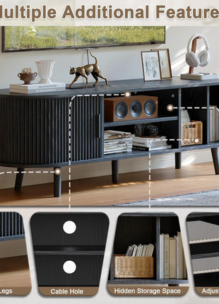 Mid-Century Modern TV Console for TVs up to 60 Inches, Entertainment Center with Fluted Sliding Doors, Concealed Storage, and Adjustable Shelving for Living Room and Bedroom, Black