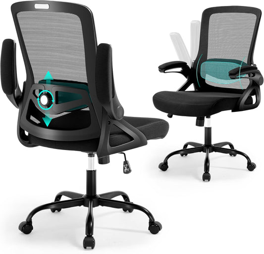 Ergonomic Office Chair, Desk Chair with Adjustable Lumbar Support, Breathable Mesh Comfy Computer Chairs with Flip-Up Armrests Executive Task Chair for Adults Home Office(Black)