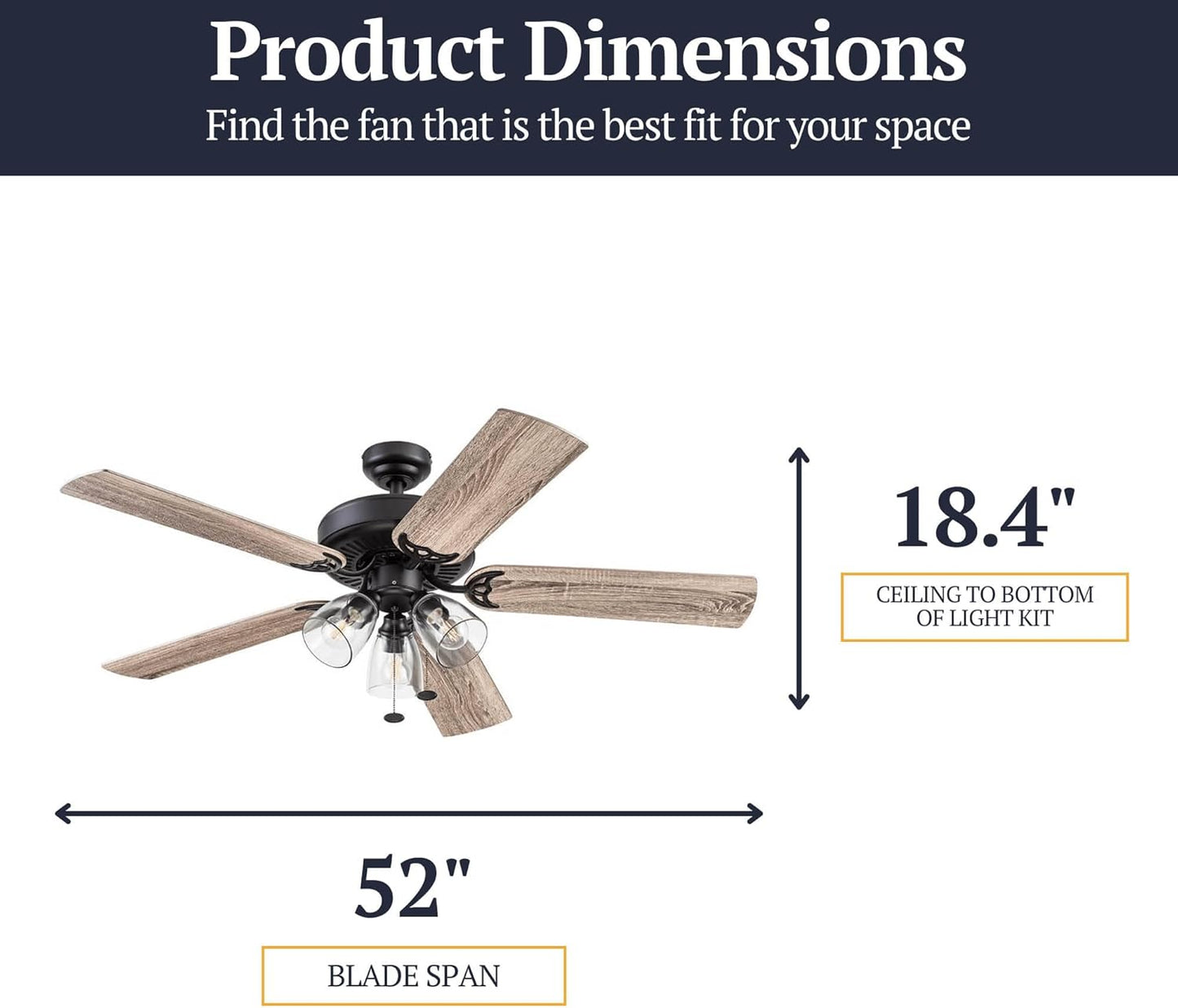 Saybrook, 52 Inch Indoor Farmhouse LED Ceiling Fan with Light, Pull Chain, Three Mounting Options, Dual Finish Blades, Reversible Motor - 51593-01 (Bronze)