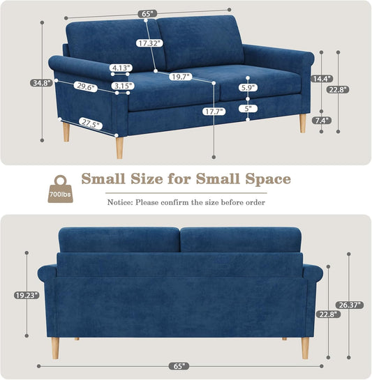65" Blue Loveseat, Comfy Mid-Century Modern 2-Seat Sofa, No-Tool Assembly Small Couch for Living Room & Bedroom