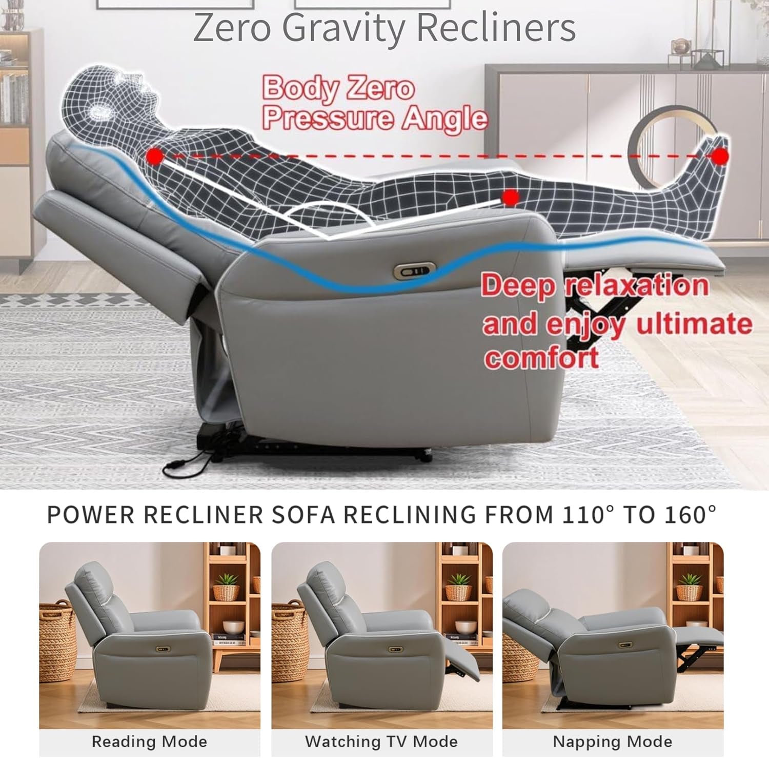 Air Leather Power Recliner Sofa Set with LED, Reclining Living Room Furniture Sets, Power Recliner Couch Set with USB Ports for House/Home Theater (Light Grey, Sofa+Loveseat+Chair)