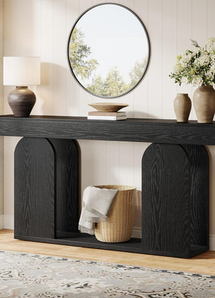 70.9-Inch Extra Long Farmhouse Console Table with Wooden Frame and Storage Shelf, 2-Tier Sofa Table for Living Room, Hallway, and Foyer in Black