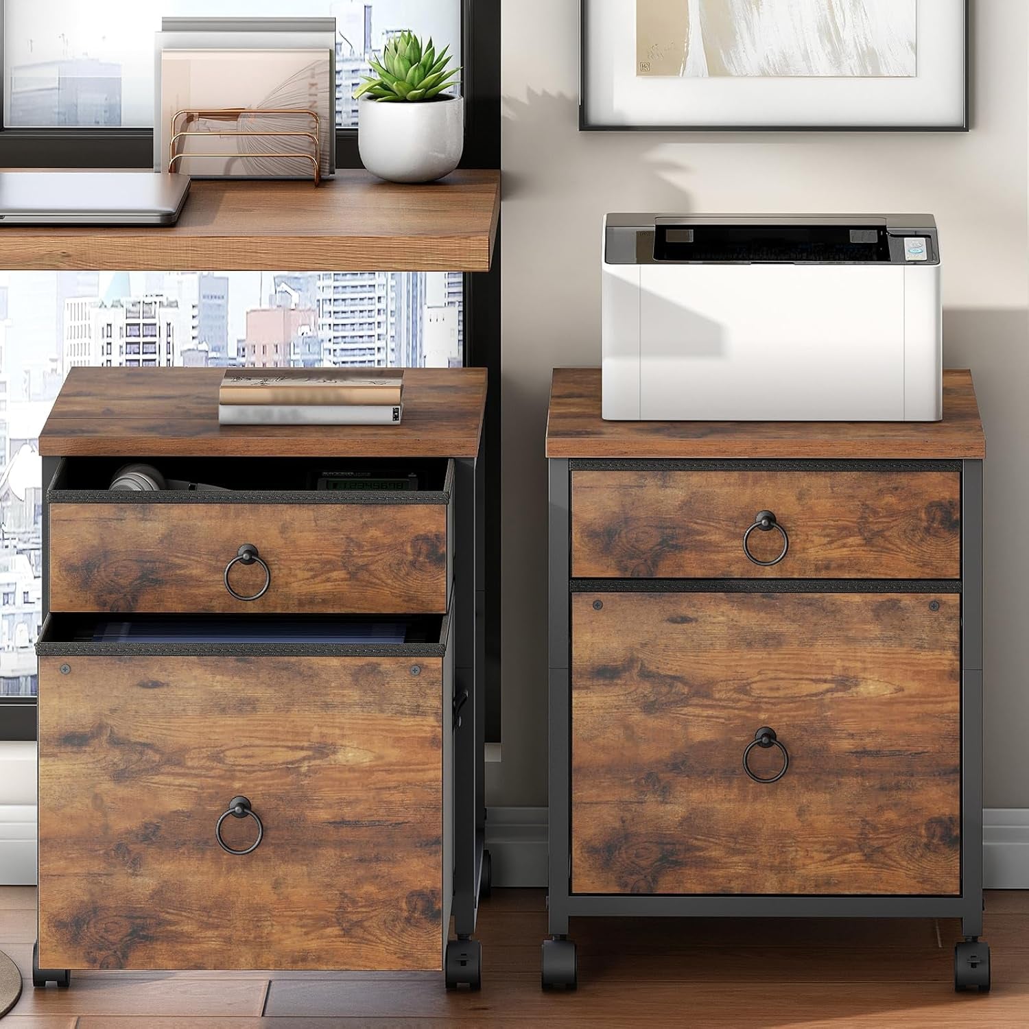 File Cabinet, 2-Drawer Vertical Mobile Office Cabinet, Rolling Printer Stand, for A4/Letter Size Files, Nonwovens Drawer, for Home Office, Rustic Brown BF21WJ01