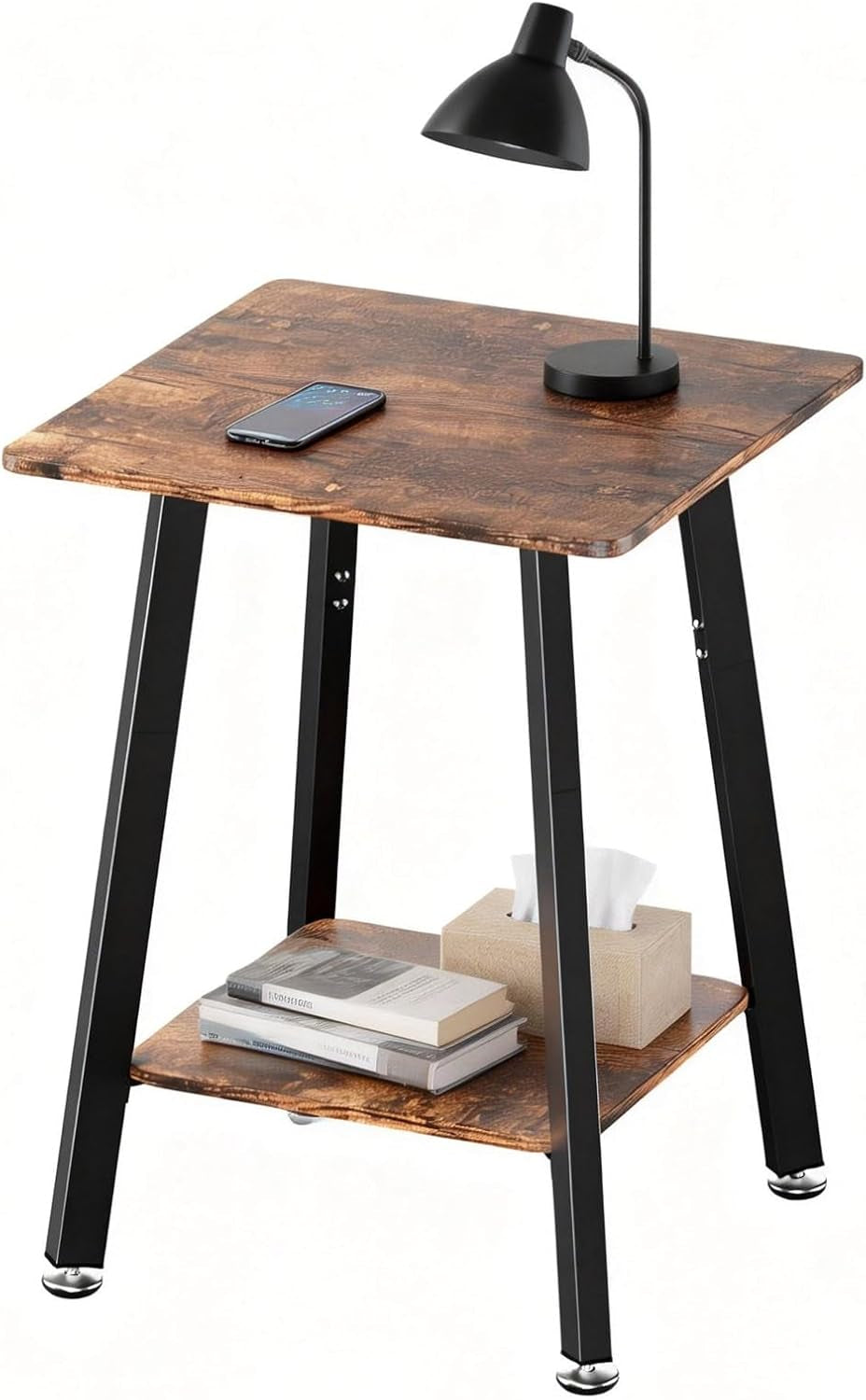 Brown Side Table, 2-Tier Small Square End Table for Small Spaces, Living Room, Bedroom