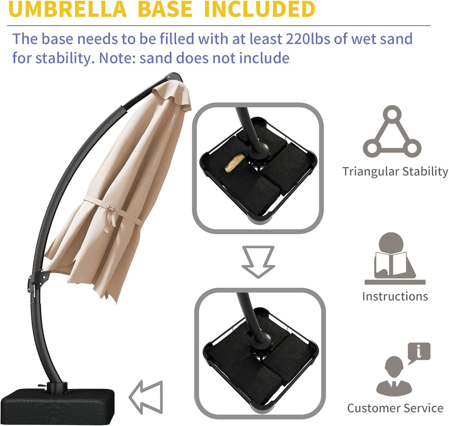 11Ft Offset Cantilever Patio Umbrella with Base Included, Large round Aluminum Outdoor Umbrella, 360° Rotation & Infinite Tilt, Heavy Duty Frame for Deck Pool Backyard, Beige