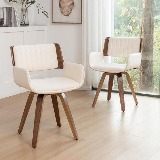 Swivel Accent Faux Leather Dining Chairs Set of 4,Mid Century Modern Chairs with Wooden Legs/Armrest/Upholstered Seat/Adjustable Foots for Kitchen Dining Room Desk Chairs,Beige