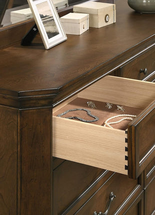 Maderne Traditional King Wood Panel Bed Set with Dresser, Mirror, Two Nightstands, and Chest in Antique Walnut Finish