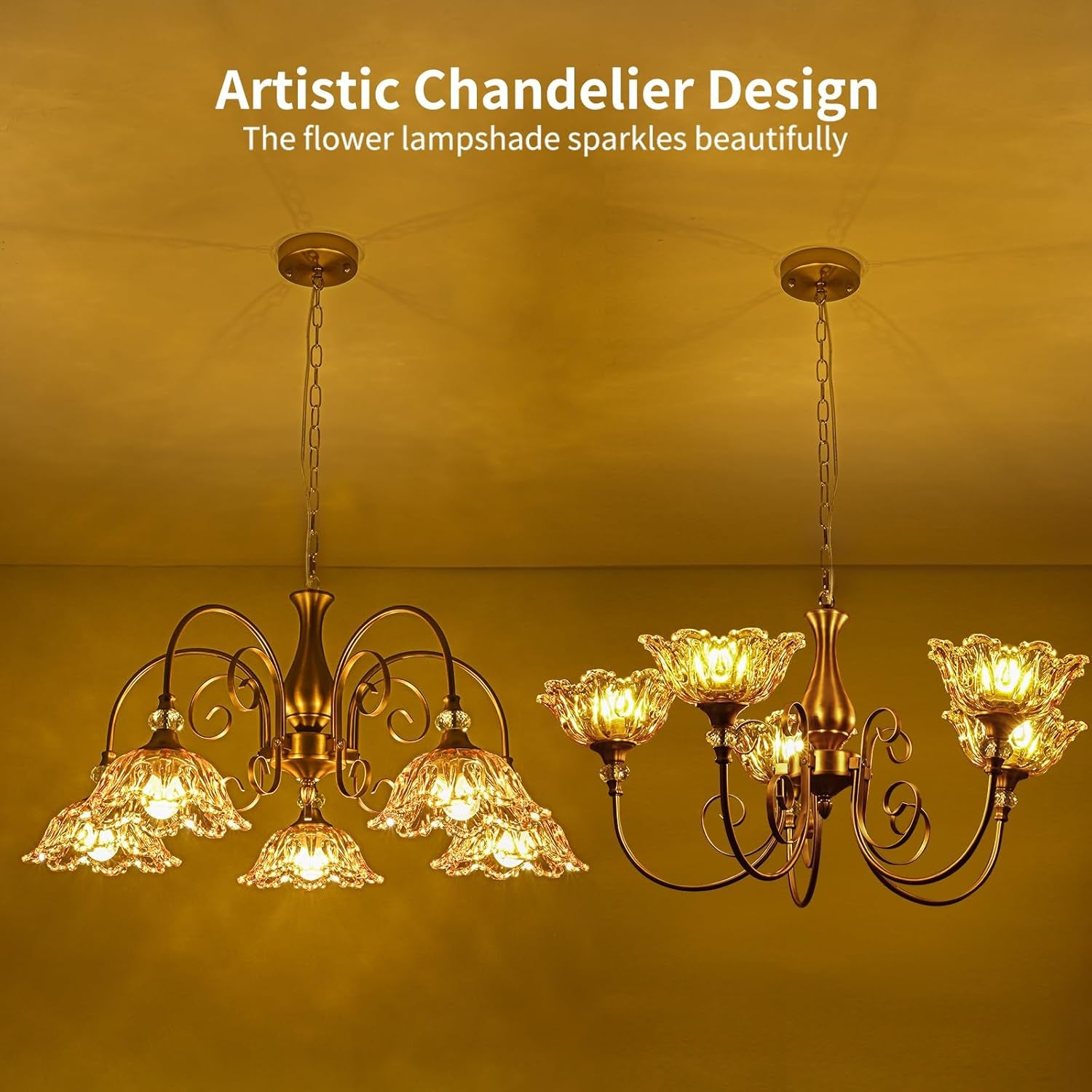 5-Light Vintage Chandeliers in Matte Brass Finish with Amber Glass Shades, Retro Chandelier Light for Dining Room,Hallway,Kitchen