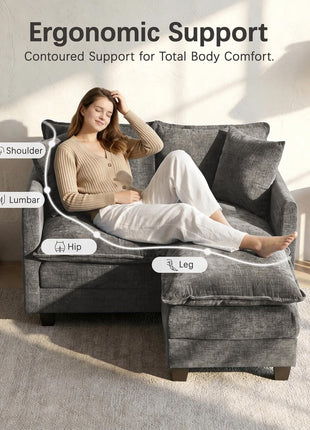 Modern Cloud Loveseat Sofa with Ottoman, 52" Chenille Couch featuring 27" Deep Seat and 2 Pillows, Ideal for Small Spaces in Apartment, Studio, Bedroom, and Living Room (Grey)