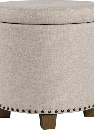 Upholstered Round Storage Ottoman with Nailhead Trim in Light Brown Fabric for Living Room and Bedroom