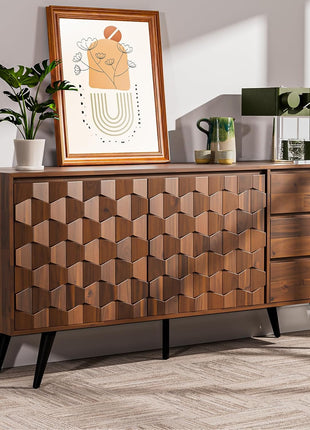 Georgina Solid Wood Sideboard with 2 Doors and 3 Drawers, 61'' Mid-Century Modern Cabinet Featuring Geometric Pattern for Kitchen, Dining, and Living Room