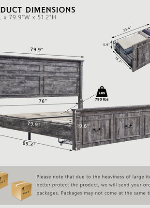 Farmhouse King Size Bed Frame with 51" Tall Headboard, Wood Platform Design, 20" Tall Roman Column Footboard, and 3 Spacious Storage Drawers - No Box Spring Required (Light Grey)
