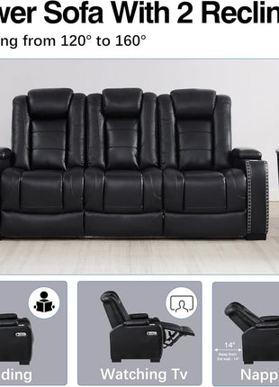 Black Leather Power Recliner Sofa with Arm Storage, Power Headrest, and Wireless Charging - Luxurious Living Room Couch with Cup Holders, Breathable Material, LED Lighting, Hidden Outlet, USB, and Type-C Ports