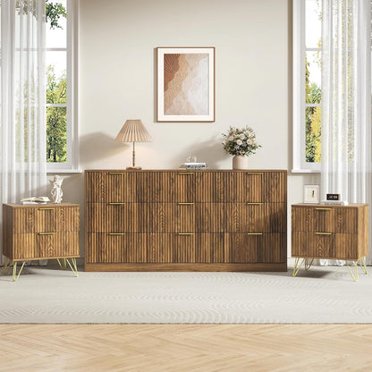 9 Drawer Dresser and Nightstand Sets for Bedroom, 3 Pcs Bedroom Set，Night Stand Set of 2 & 9 Drawer Dresser with Gold Handles, Modern Wood Chest of Drawers Storage Cabinet Set, Natural
