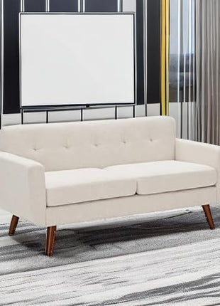 65-Inch Mid-Century Modern Loveseat Sofa, Upholstered Button-Tufted Couch for Living Room and Bedroom, Beige Linen Fabric with Solid Wood Legs and Pocket Spring Support, Easy Assembly