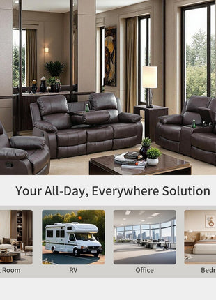 Three-Piece Manual Reclining Sofa Set with Drop-Down Table and Storage Console in Brown Leather for Living Room or Apartment