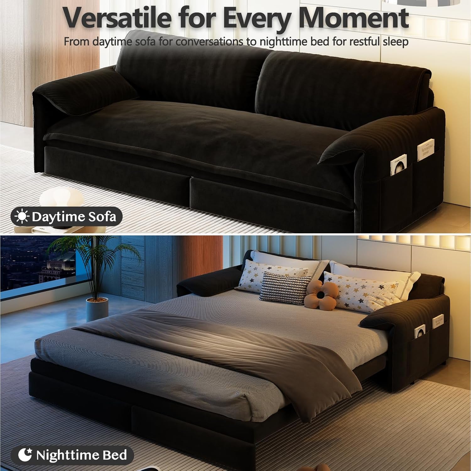 63.8" Futon Sofa Bed Queen Size, Pull Out Bed, 3-In-1 Convertible Sleeper Sofa with Side Pocket, Modern Velvet Futon Couch for Living Room, Small Space, Apartment, Bedroom, Black