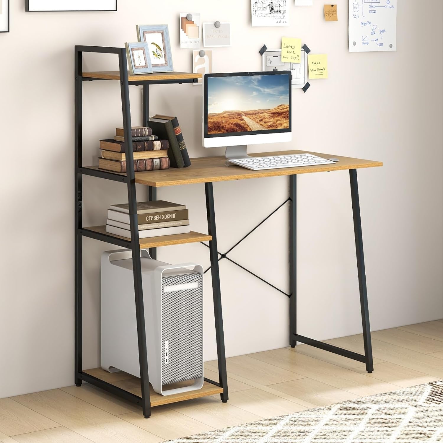 Computer Desk with 4-Tier Storage Shelves, Home Office Desk Writing Table with Sturdy X-Shape Frame, Adjustable Foot Pads, Modern Small Study Desk, Wide Tabletop (Natural and Black)