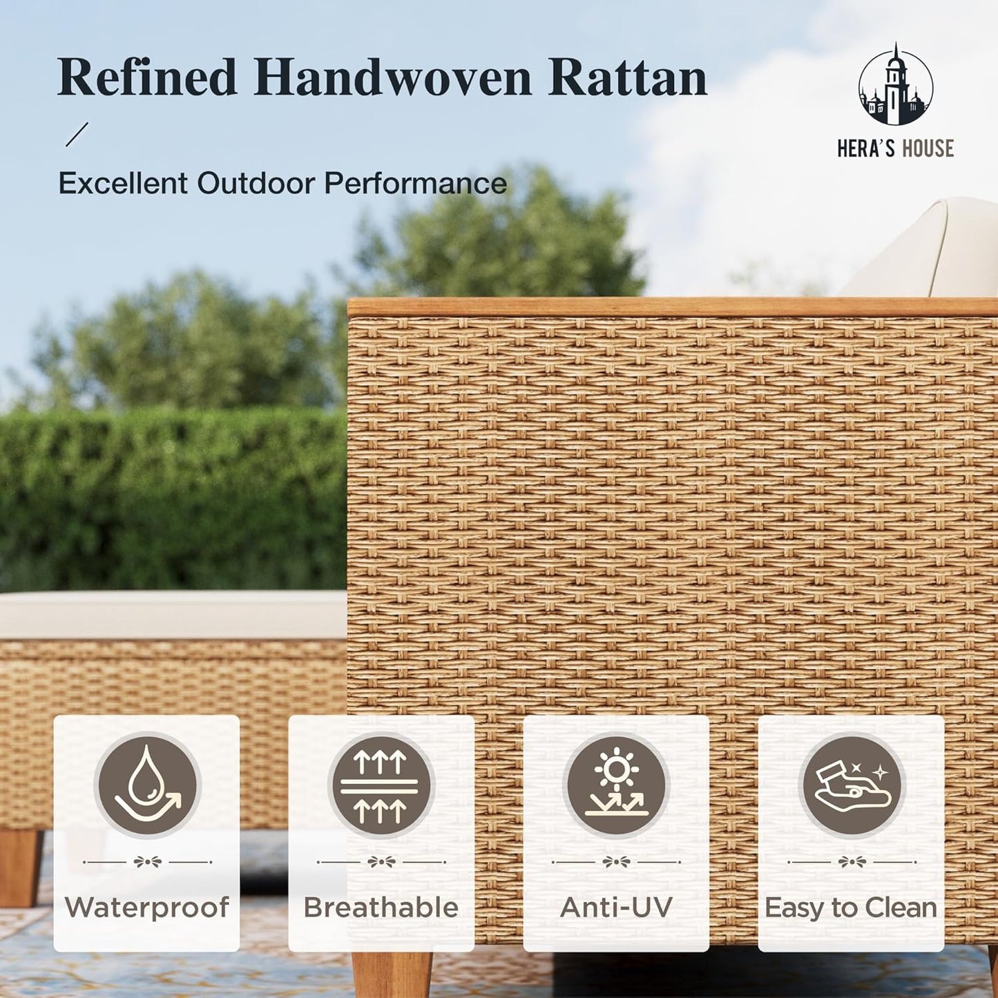 Small Patio Furniture Set, 3 Pieces Wicker Outdoor Sectional Sets,Yellow Rattan Conversation Set with Sofa and Coffee Table for Garden and Backyard, L Shape Boho Balcony Couch Sets