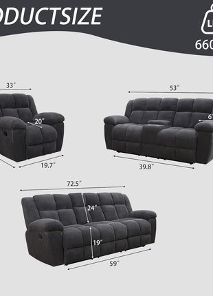 3-Piece Sectional Recliner Sofa Set with Storage and Cup Holders in Dark Grey - Corduroy Living Room Furniture for Home or Office