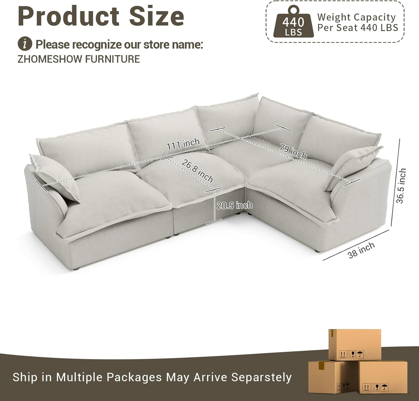 111” Oversized Modular Sectional Sofa, Comfy down Fill Cloud Couch, L Shaped 4 Seater Couches with Washable Cover, Convertible Sectional Couches for Living Room, Light Gray