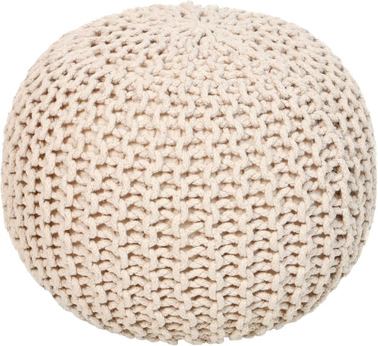 · round Pouf Ottoman - Cable Knitted Boho Poof - Home Décor Cord Pouffe Handmade Circular Footrest for Living Room - Bedroom - Kids Bedroom - 100% Cotton Pouf (18" X 18" X 14") - Ivory