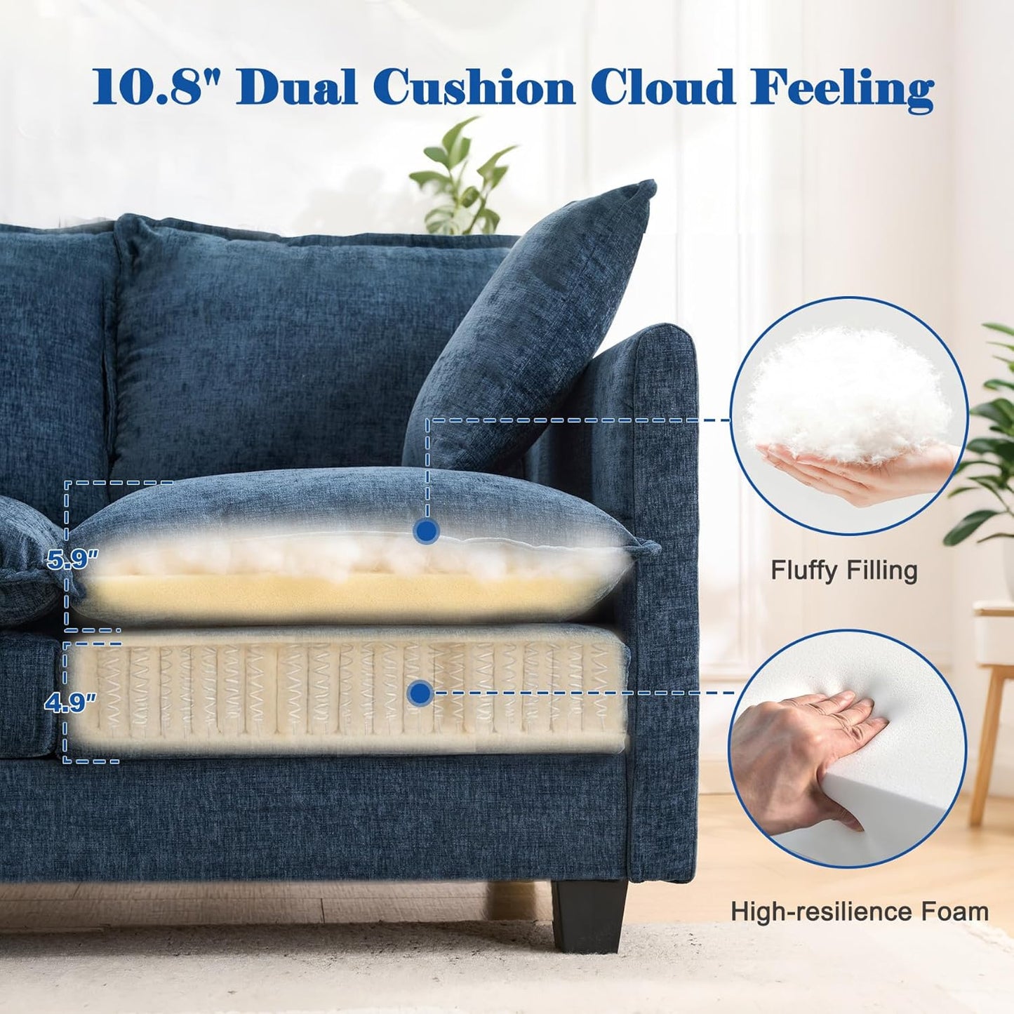 Loveseat Sofa with Ottoman, 50'' Modern L-Shape Cloud Couch Sofa Loveseat with 22'' Ottoman for Small Space/Apartment/Office/Living Room 8834-BLUE-L