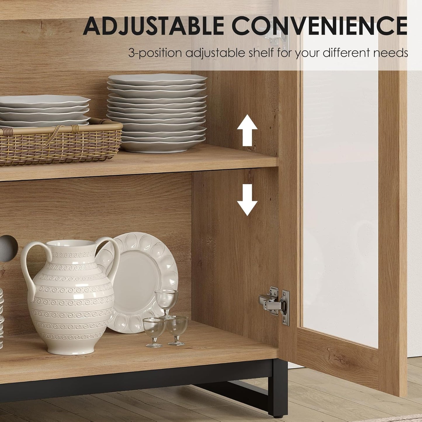 63'' Multifunctional Sideboard Buffet Cabinets with 4 Glass Doors and and 2 Drawers, Modern Sideboard Credenza, Coffee Bar Storage Cabinet for Living Room, Kitchen, Oak