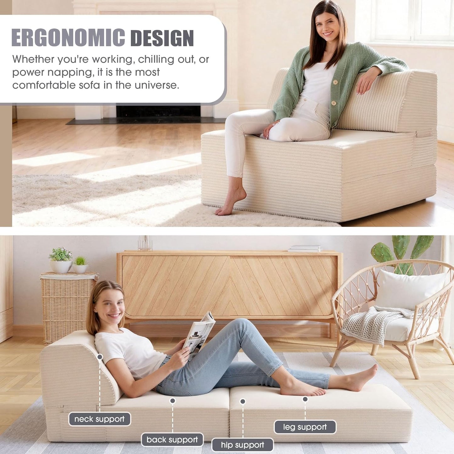 Folding Sofa Bed with Pillow, Memory Foam Fold Out Chair Bed, Convertible Sleeper Chair with Washable Cover, Futon Floor Couch for Living Room/Dorm/Guest Use/Home Office/Apartment, Beige