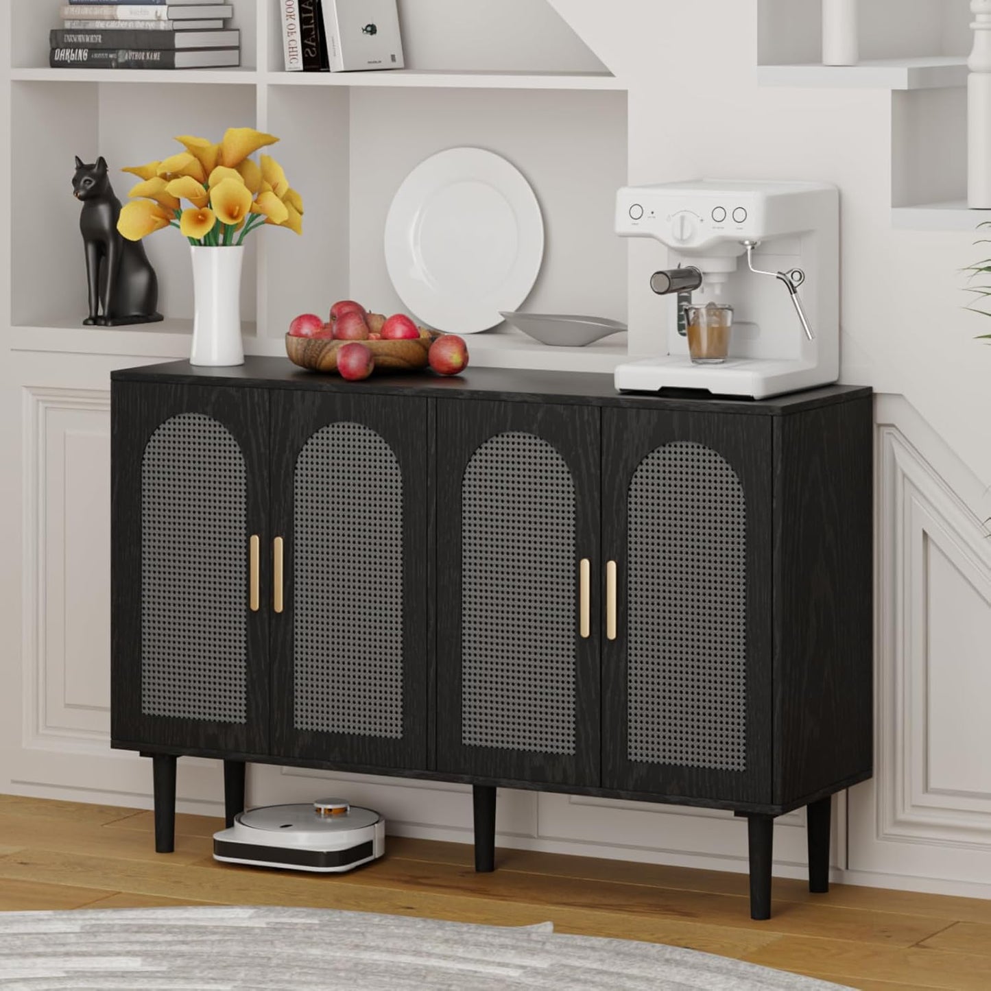 Modern Rattan-Door Sideboard Cabinet – 4-Door Credenza Buffet with Ample Storage, Large Accent Cabinet for Entryway, Living Room, Dining Room & Kitchen, Black & Grey