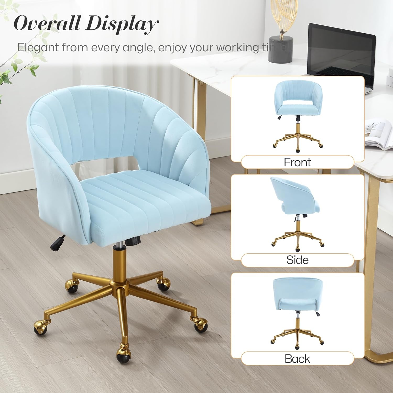 Home Office Swivel Desk Chair, Modern Velvet Vanity Chair, Height Adjustable Armchair with Gold Base, Ergonomic Office Chair for Task Study Computer Room, Light Blue