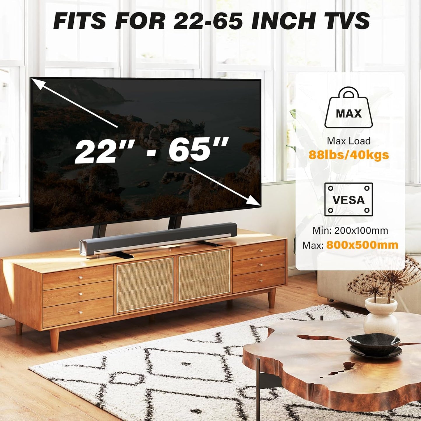 TV Stand Mount, Universal TV Stand Tabletop for 22 to 65 Inch Plasma LCD LED Flat Screen Tvs, Strong TV Legs Holds up to 88Lbs, Height Adjustable TV Base, Max VESA 800 X 500Mm