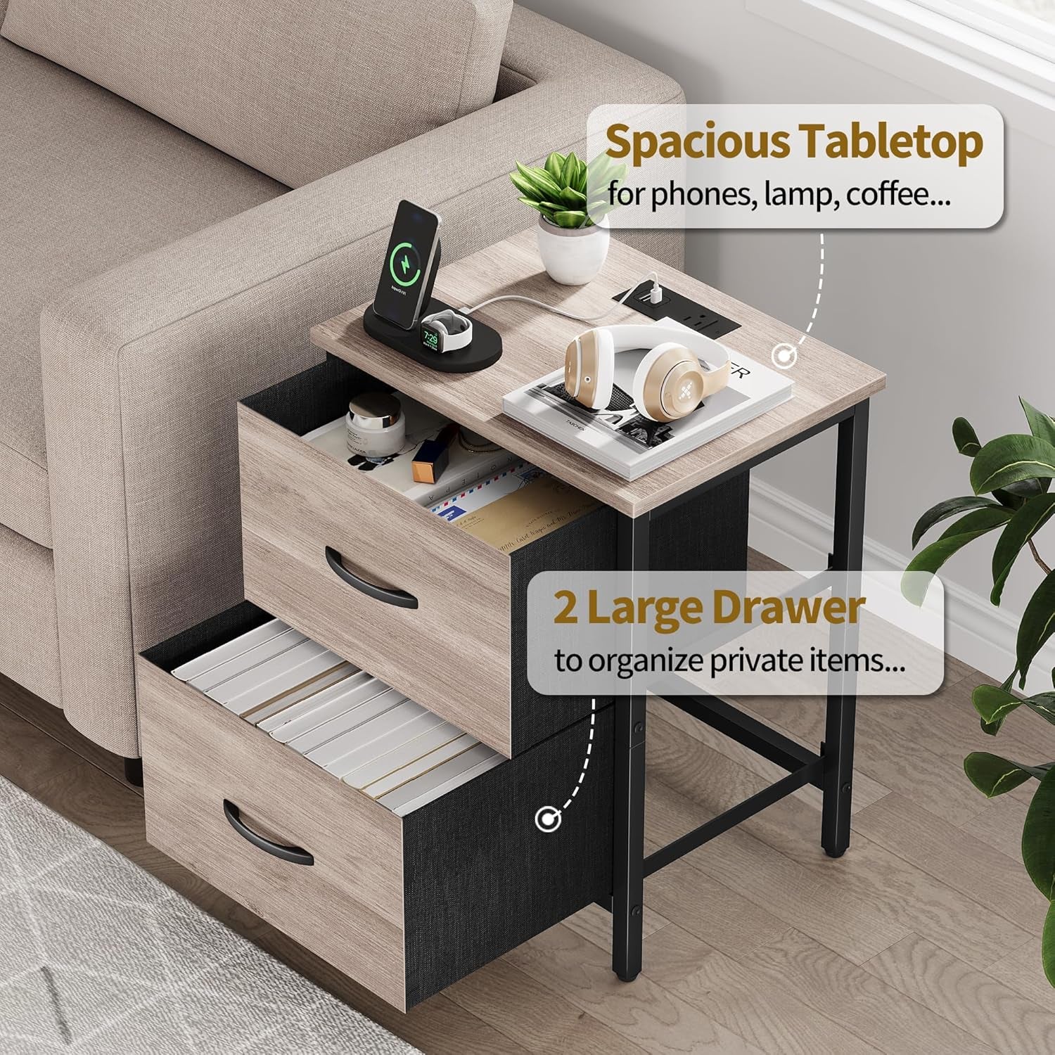 Nightstand Set of 2 with Charging Station, End Table Bedside Table with Power Outlet & USB Ports, Side Table with 2 Fabric Drawers for Bedroom, Living Room, Greige