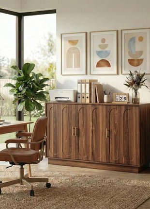 46.6" Modern Farmhouse 3-Door Storage Cabinet, Rustic Brown Sideboard Buffet with Gold Accents, Spacious Fluted Wood Credenza for Dining and Living Spaces, Coffee Bar