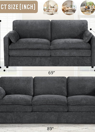 Chenille Upholstered Sofa Set in Dark Grey - 2-Piece Collection with Comfortable 3-Seat Couch and Loveseat, Featuring Thick Cushions and Deeper Seats for Enhanced Comfort in Living Room or Apartment