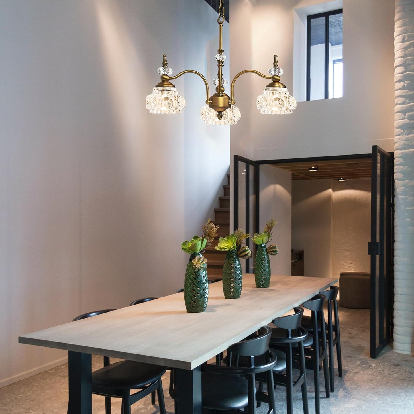 Vintage Brass Pendant Light,Gold Vintage Chandelier Light Fixture 3 Lights,Include 4 Light Bulbs Glass Pendant Light Crystal Hanging Light