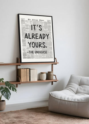 Framed Black and White Retro Newspaper Wall Art - "It's Already Yours" Universe Quote - Inspirational Canvas Print for Bedroom, Office, Apartment, and Dorm - 8x12 Inches