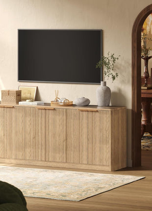 67-Inch Fluted Oak Buffet Cabinet Sideboard with Ample Storage, Mid-Century Modern Credenza Featuring 6 Doors for Kitchen and Living Room (67" x 31.5" x 15.7")