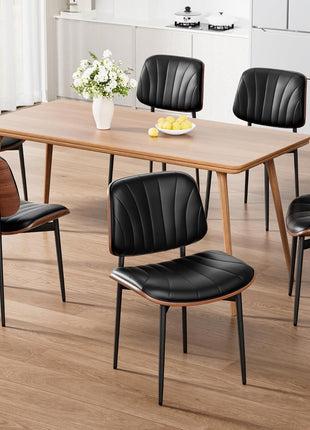 Set of 6 Mid-Century Modern Upholstered PU Leather Dining Chairs with Walnut Bentwood Back and Metal Legs, Featuring Adjustable Feet for Kitchen and Dining Room, Black Shell Strips