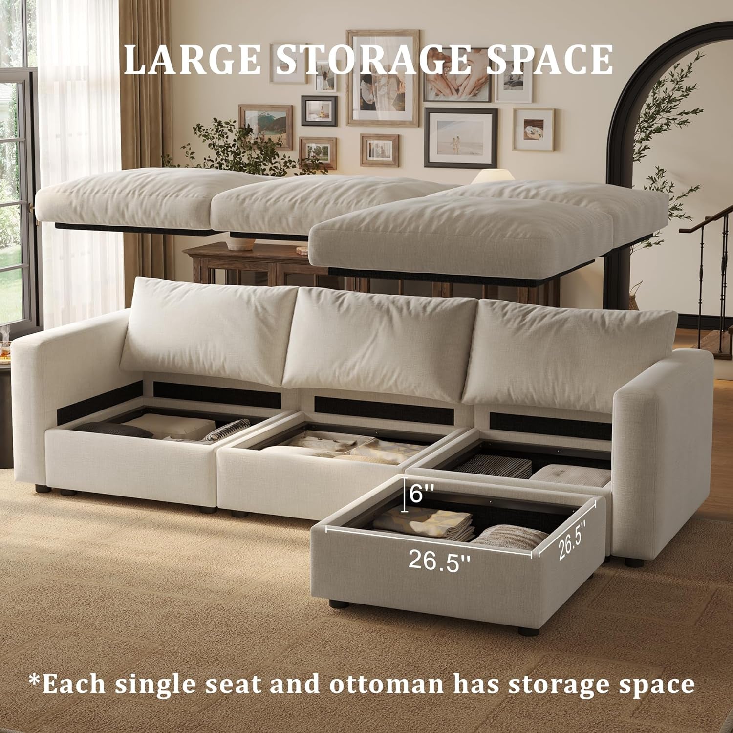 Cloud Modular Sectional Sofa Couch with Storage Ottoman, 99" Oversized Sectional Couches for Living Room, Cloud Modular L-Shaped Sofa with Chaise, 4 Seater, Chenille, Beige