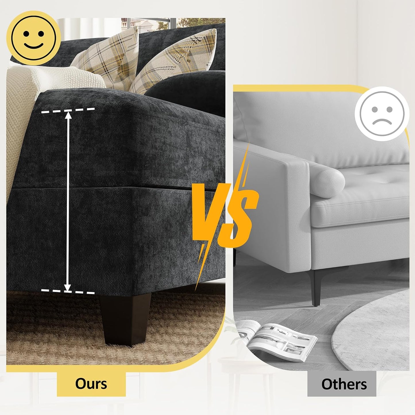 Sectional Couches for Living Room, Convertible U-Shaped Sofa Couch with Double Chaise, 4 Seat Sofa Set Modular Sofa Couch for Apartment, Black