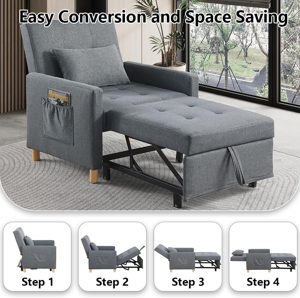 Sleeper Chair,Convertible Sleeper Sofa Chair,Pull Out Sleeper Chair with Adjustable Backrest,Multi-Functiona Lounge Chair for Living Room(Gray)