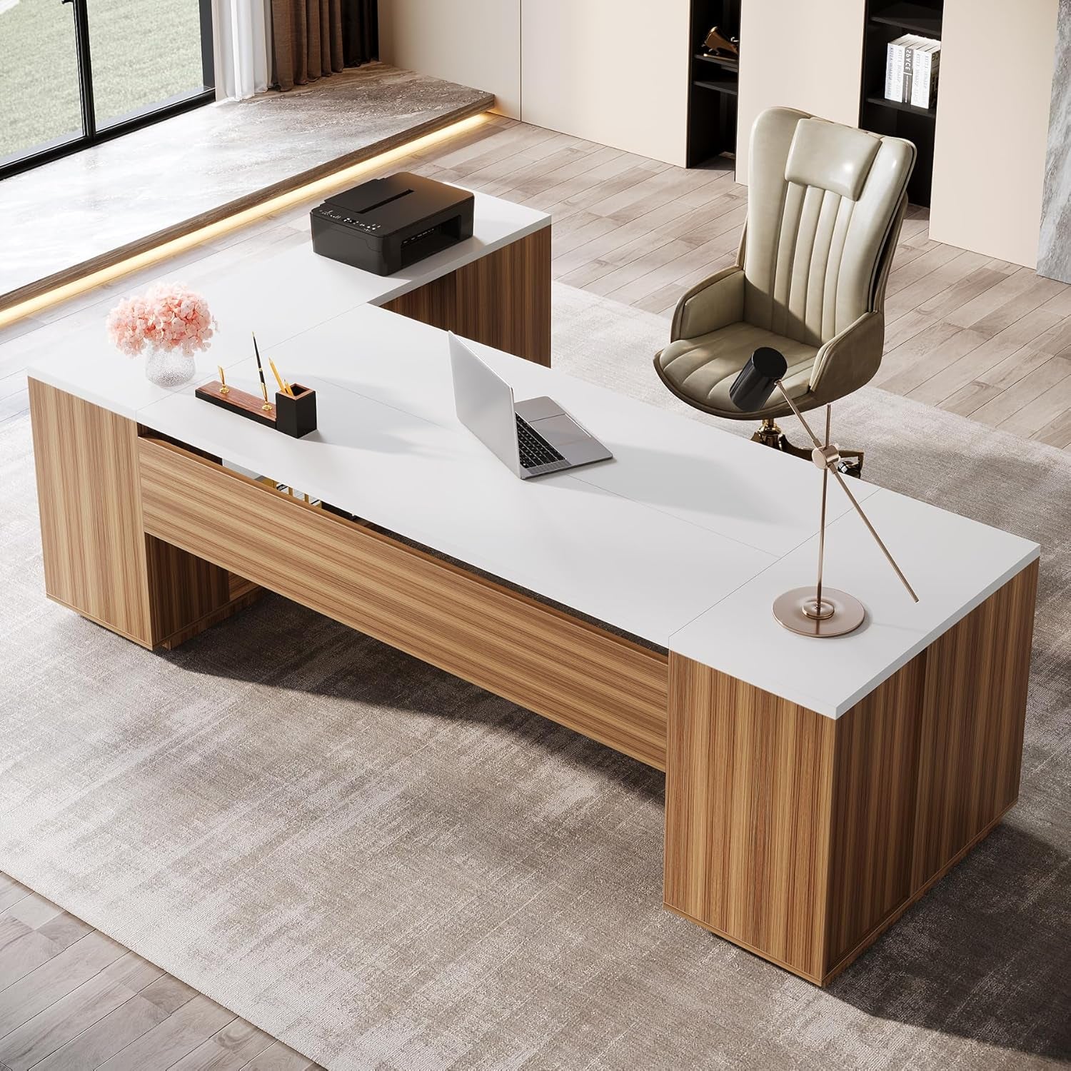 85.8-Inch L-Shaped Executive Office Desk with File Drawers & Storage Cabinet, Professional Corner Computer Desk Extra Large Business Workstation with Adjustable Shelves (White&Walnut)