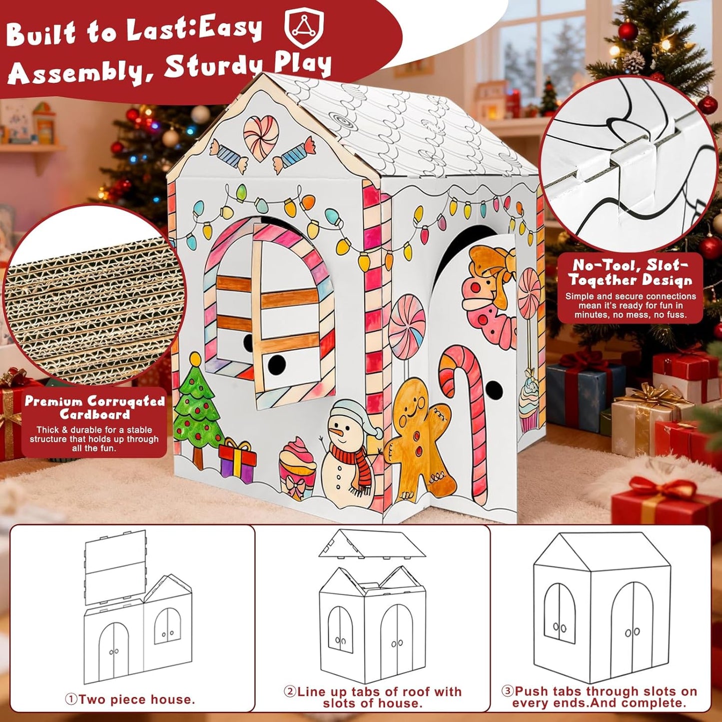 Gingerbread Cardboard House to Color for Kids Toddlers, Large Gingerbread Cardboard Coloring House Playhouse Christmas Arts & Crafts Activity Indoor Fun, 40" X 32" X 26"